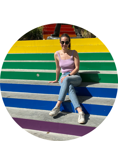 Erika Strauss sitting on Rainbow Steps