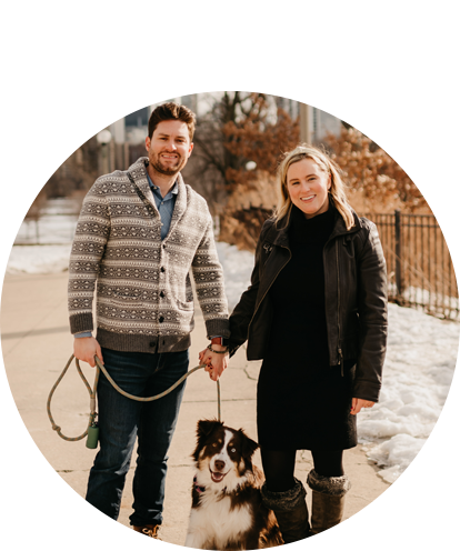 Christine Ahern posing with adult male and a border collie.