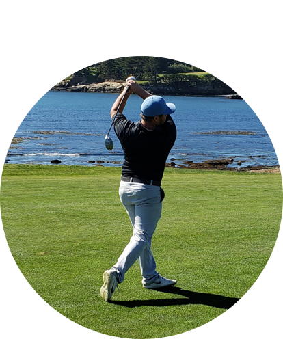 Michell Rosendahl swinging golf club on golf green.