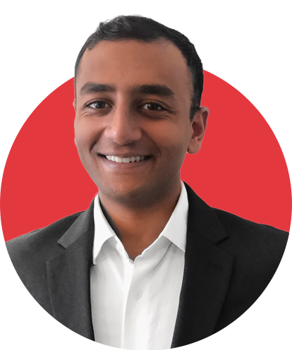 Kevin Mittal headshot with red background.