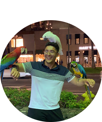 Mohammad Mohammad fun photo (human with three parrots standing on both arms and one on head/hair.)