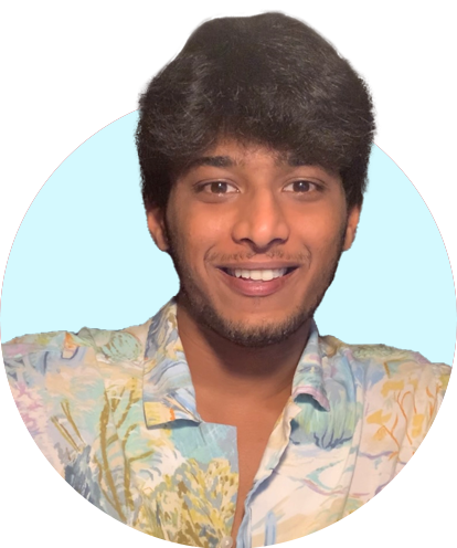 Parth Dharia headshot with blue background.
