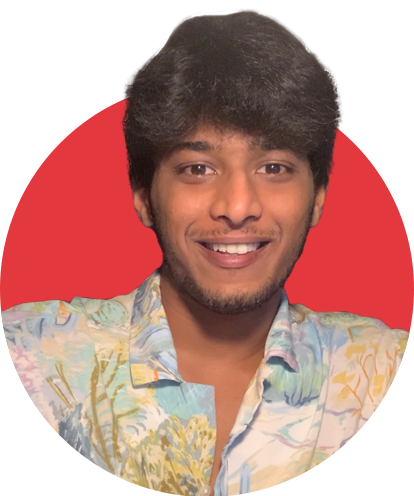 Parth Dharia headshot with red background.